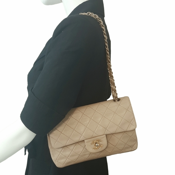 CHANEL Handbags - Vtg Chanel Classic Quilted Lambskin Double Flap Bag Beige Small 24k